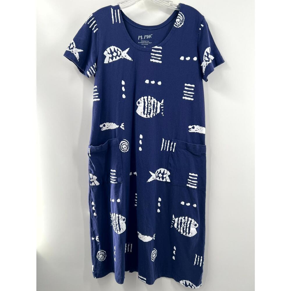 M. Mac Vermont Store Women's Blue White Cotton Rock Fish Shift Dress Size Small